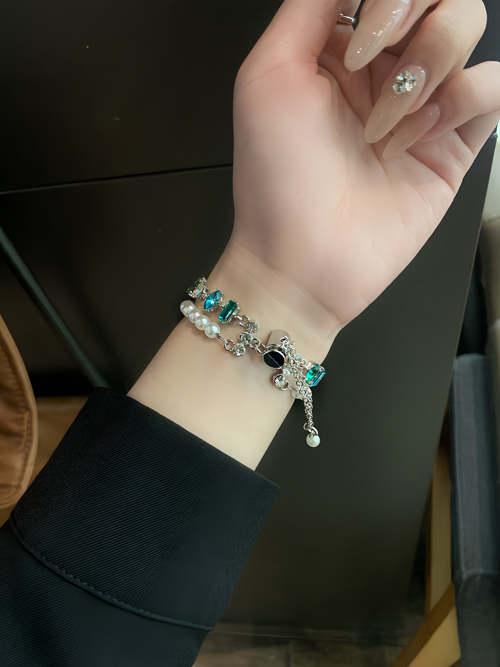 Double Chain Pearls with Mixed Zircon Stainless Steel Band