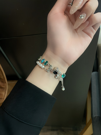 Double Chain Pearls with Mixed Zircon Stainless Steel Band