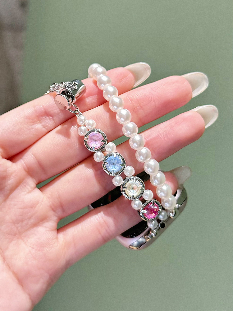 Double Chain Pearls with Colored Zircon Stainless Steel Band