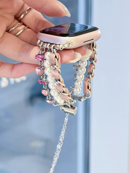 Three Chain Pearls with Leather Chain and Zircon Stainless Steel Band