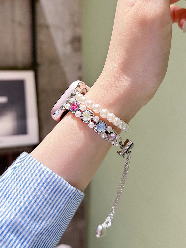 Double Chain Pearls with Colored Zircon Stainless Steel Band