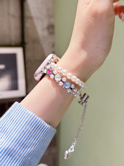 Double Chain Pearls with Colored Zircon Stainless Steel Band