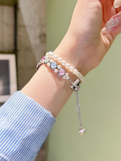 Double Chain Pearls with Colored Zircon Stainless Steel Band