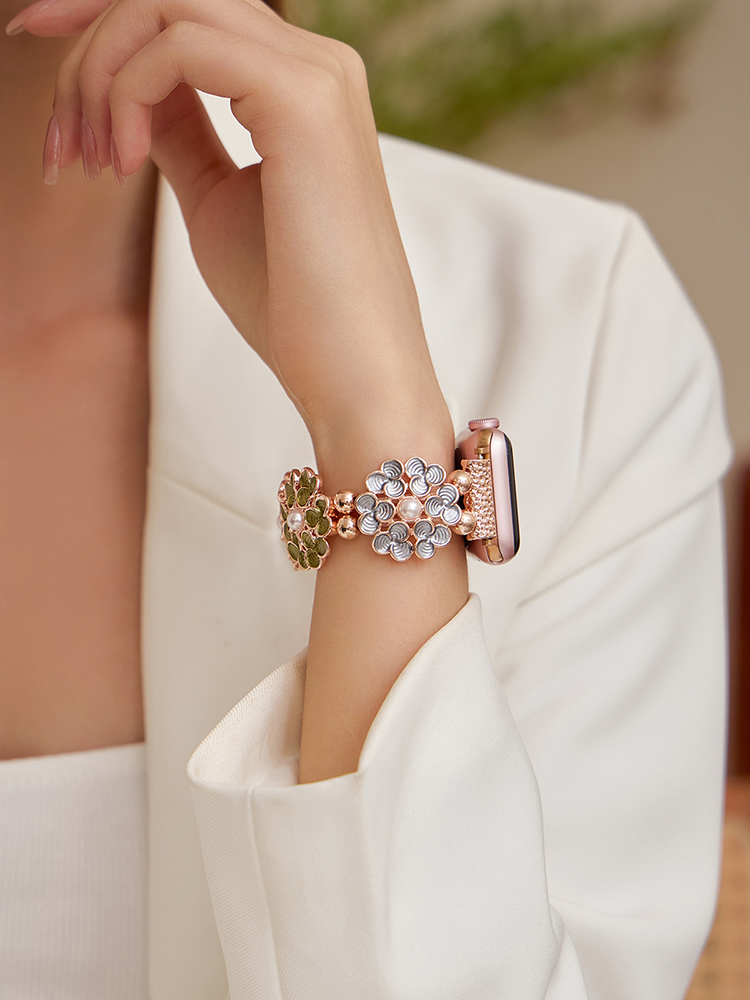 Clover Stitching with Pearls Stainless Steel Band
