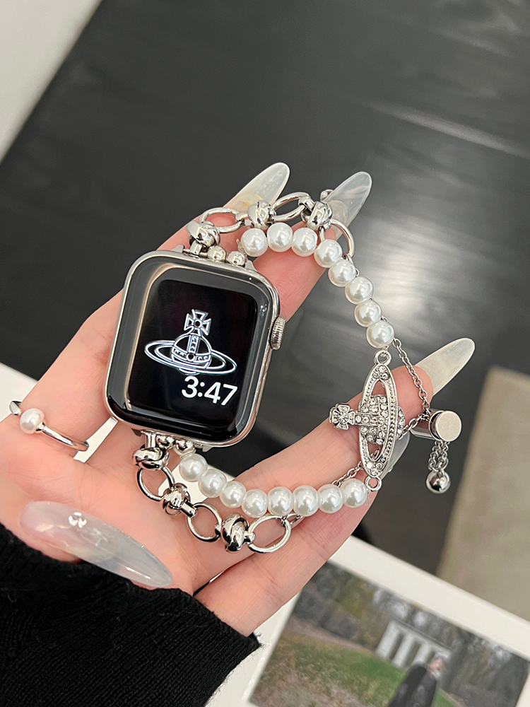 Saturn Buckle Double Chain Pearl and Stainless Steel Band