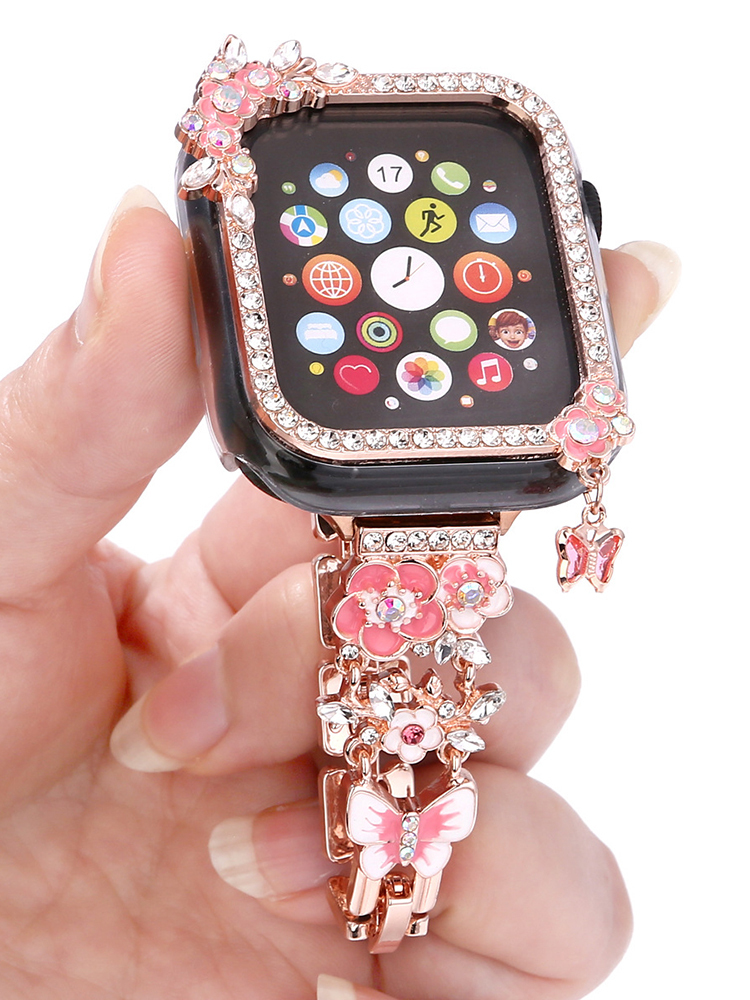 Diamond-encrusted Flowers Stainless Steel Band