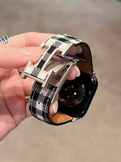 Plaid Pattern H Magnetic Buckle Leather Band