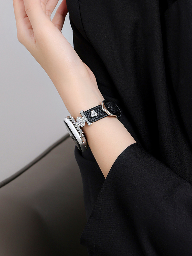 Full Diamond Clover Buckle with Diamond Rivet Leather Band