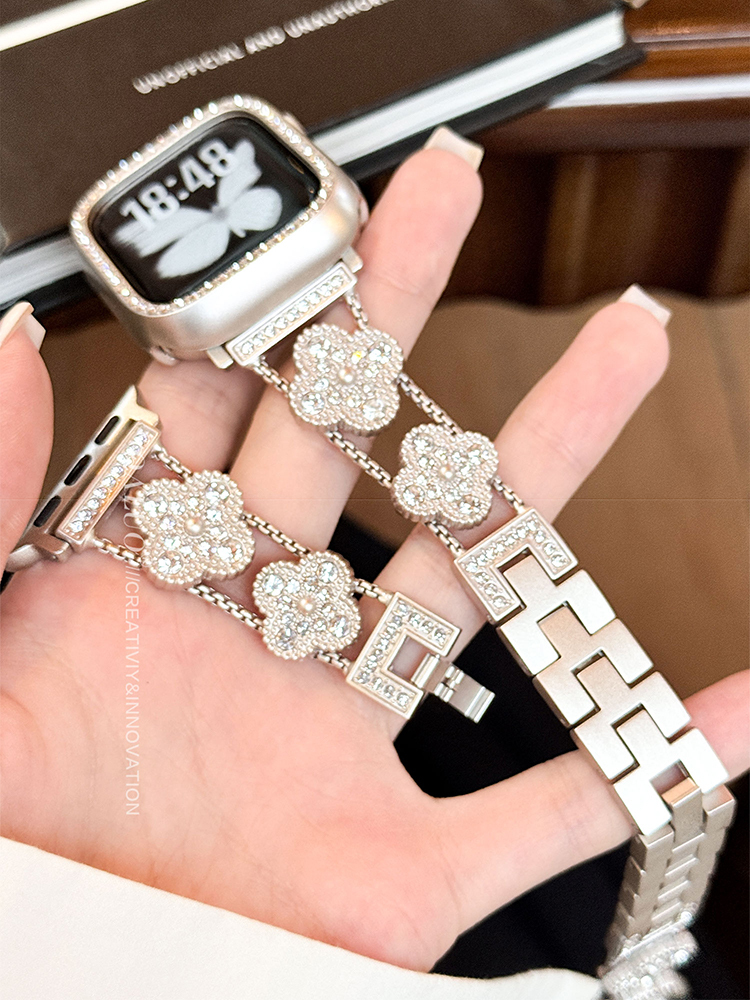 Full Diamond Star Four-leaf Clover Stainless Steel Band