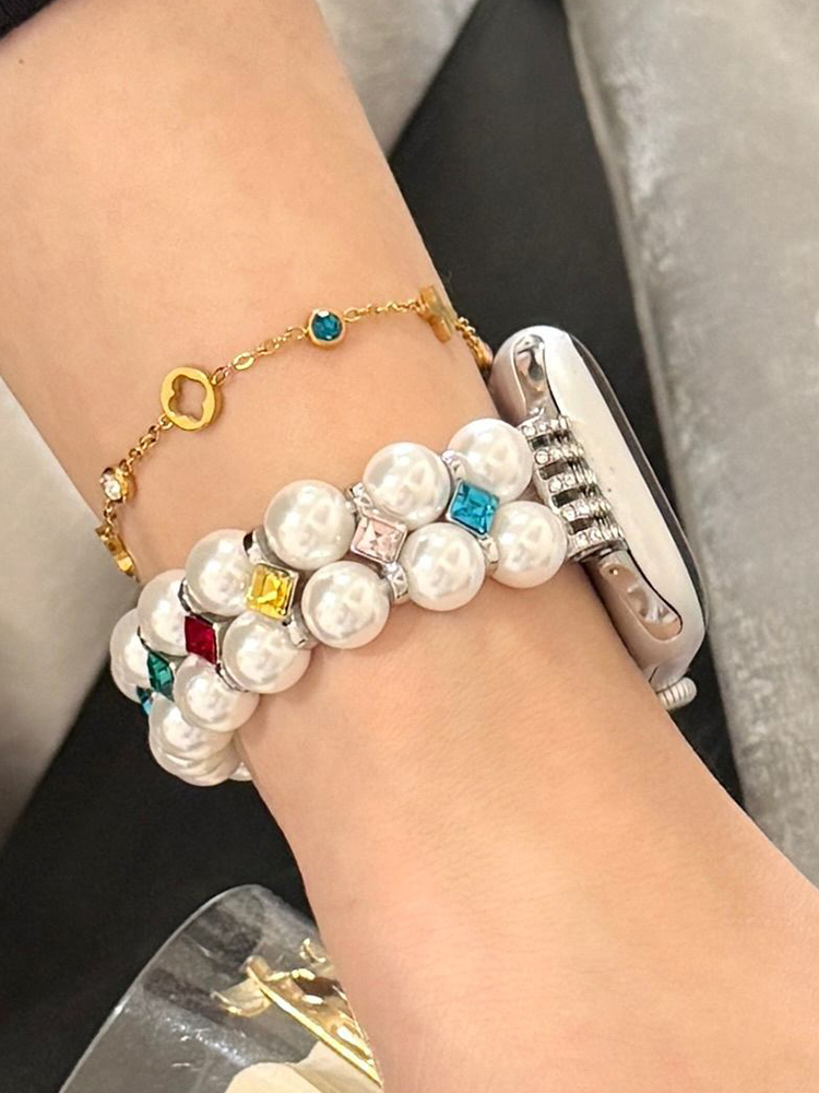 Pearl & Colored Diamond Woven Elastic Band for Apple Watch