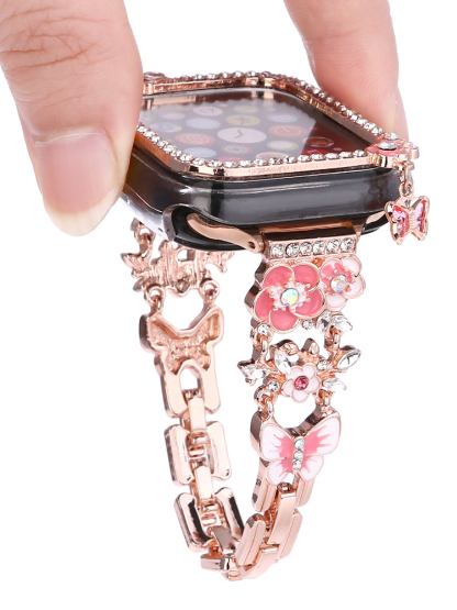 Diamond-encrusted Flowers Stainless Steel Band