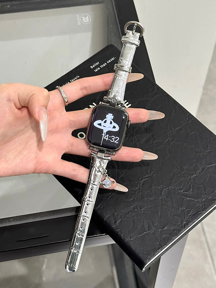 Starburst Saturn Pendant Silver Leather Apple Watch Band - Tatanband