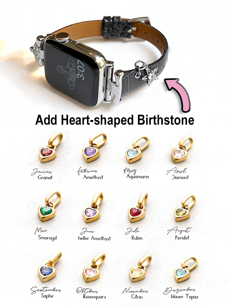 Heart-shaped Birthstone Charm Leather Band for Apple Watch