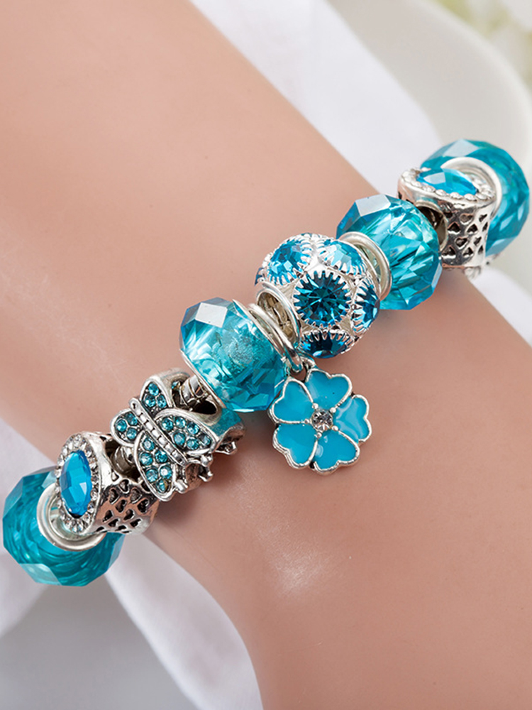 Butterflies and Flowers Beaded Bracelet Stainless Steel Band