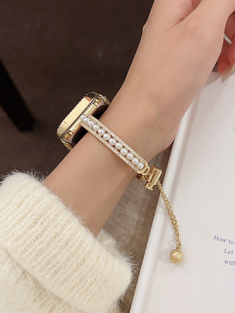 Double Row Diamonds with Pearls Stainless Steel Band