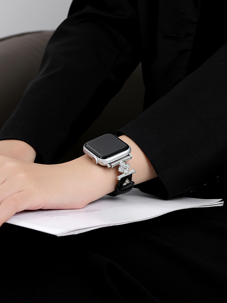 Full Diamond Clover Buckle with Diamond Rivet Leather Band