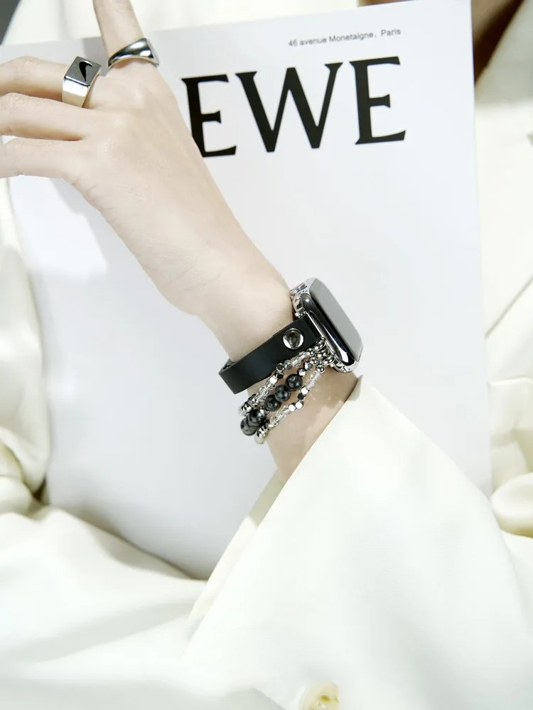 Agate Beaded with Leather Band for Apple Watch