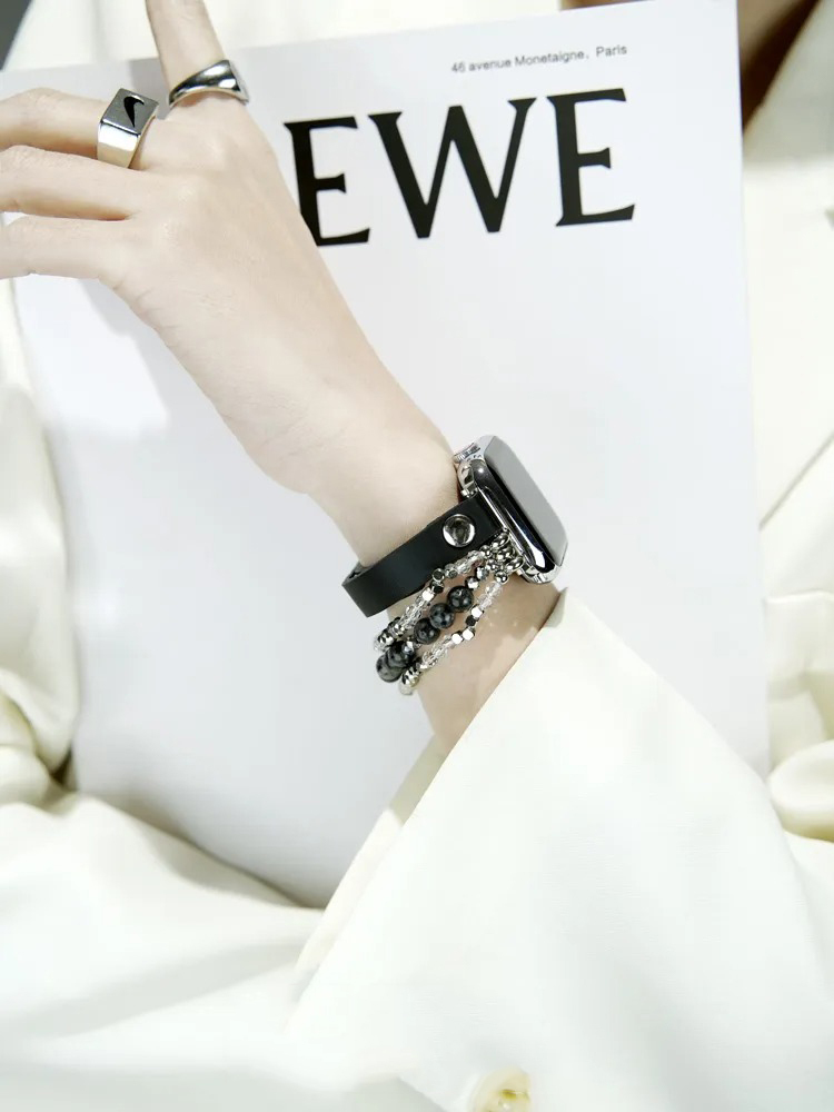 Agate Beaded with Leather Band for Apple Watch