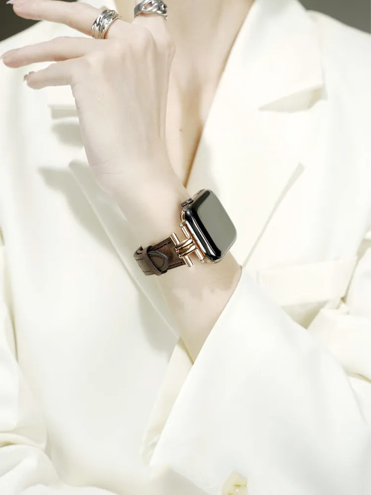 Double Curved Metal Buckle Leather Band for Apple Watch