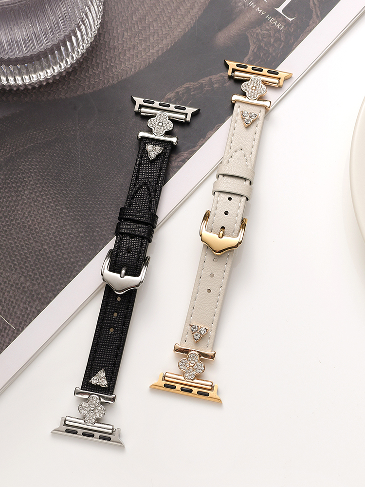 Full Diamond Clover Buckle with Diamond Rivet Leather Band