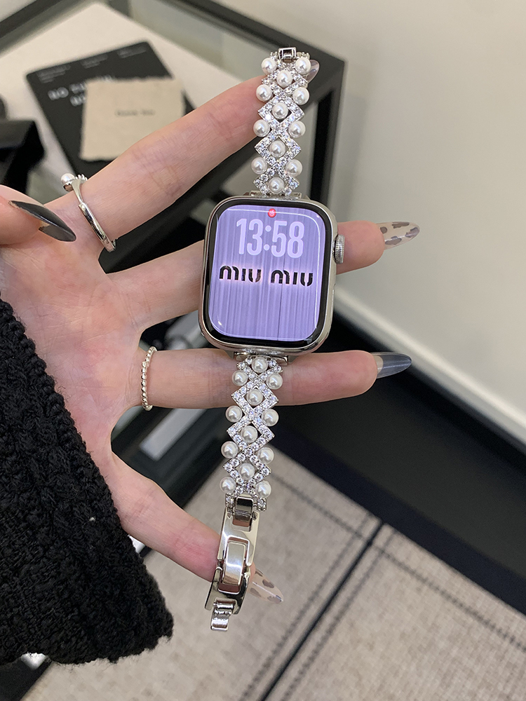 Pearls Cross-set with Diamonds Metal Band for Apple Watch