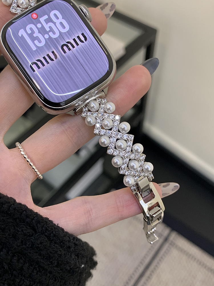 Pearls Cross-set with Diamonds Metal Band for Apple Watch