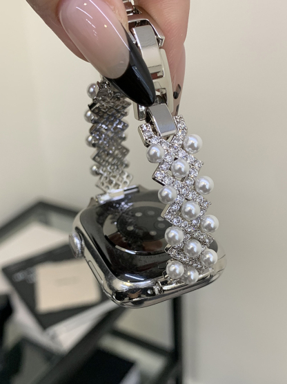 Pearls Cross-set with Diamonds Metal Band for Apple Watch