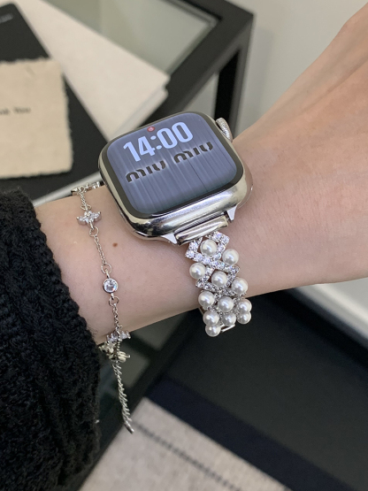 Pearls Cross-set with Diamonds Metal Band for Apple Watch