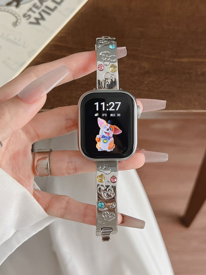 Mickey Engraved Gemstone Bracelet Stainless Steel Band