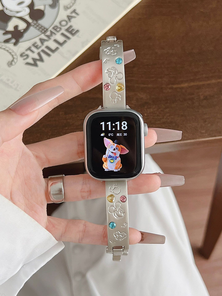 Mickey Engraved Gemstone Bracelet Stainless Steel Band