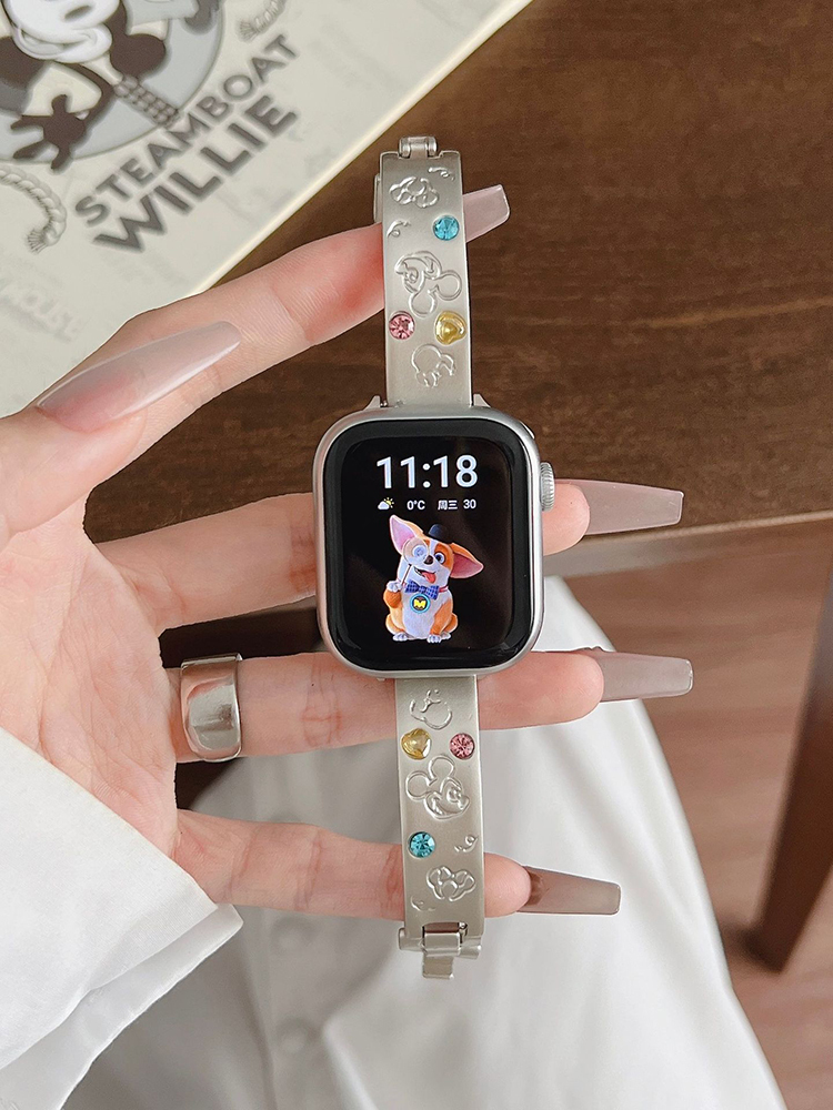 Mickey Engraved Gemstone Bracelet Stainless Steel Band