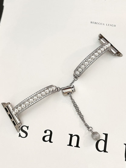 Double Row Diamonds with Pearls Stainless Steel Band