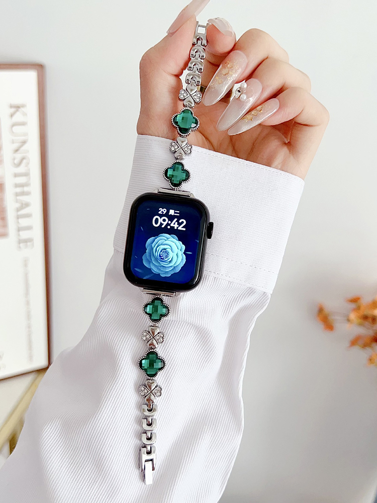 Rhinestone and Zircon Four-leaf Clover Stainless Steel Band