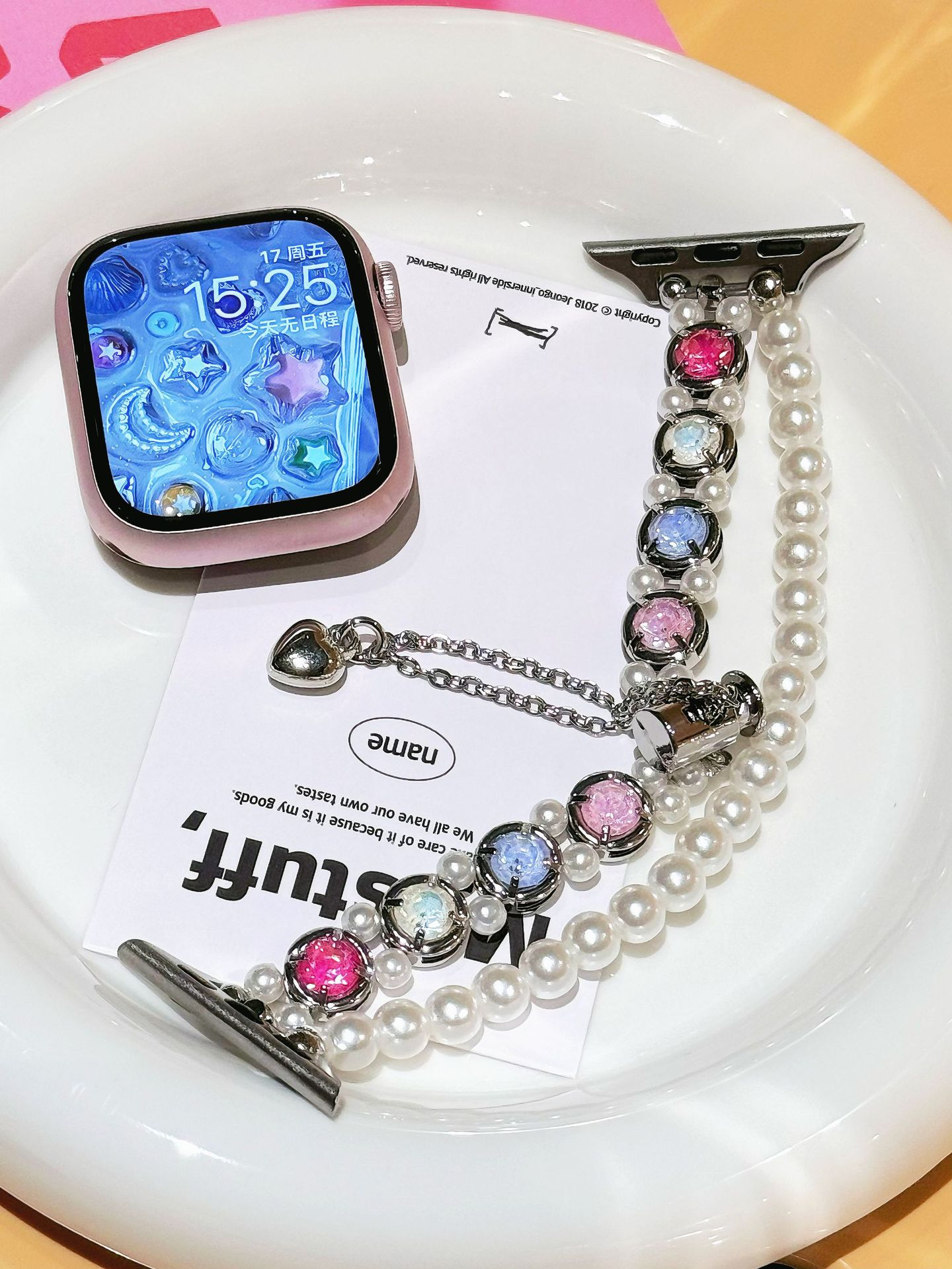 Double Chain Pearls with Colored Zircon Stainless Steel Band