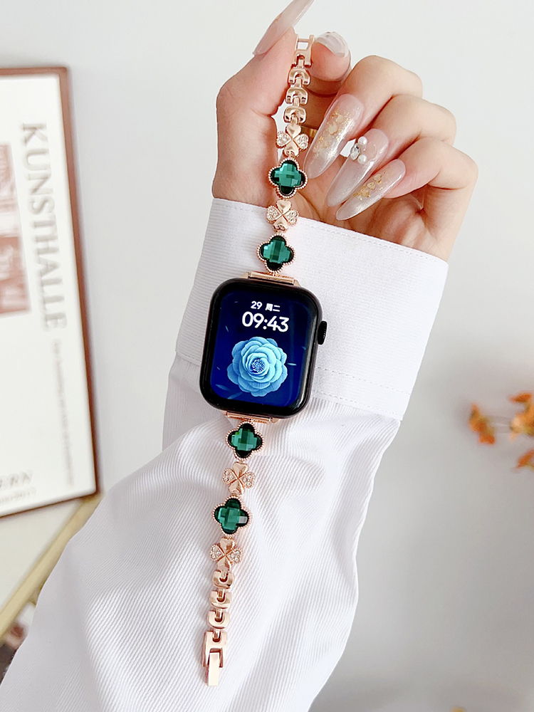 Rhinestone and Zircon Four-leaf Clover Stainless Steel Band