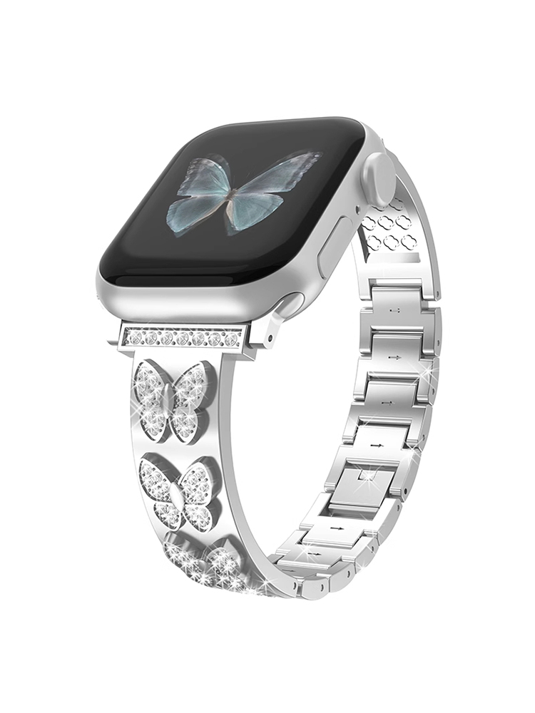 Diamond-studded Butterfly and Clover Stainless Steel Apple Watch Band - Tatanband