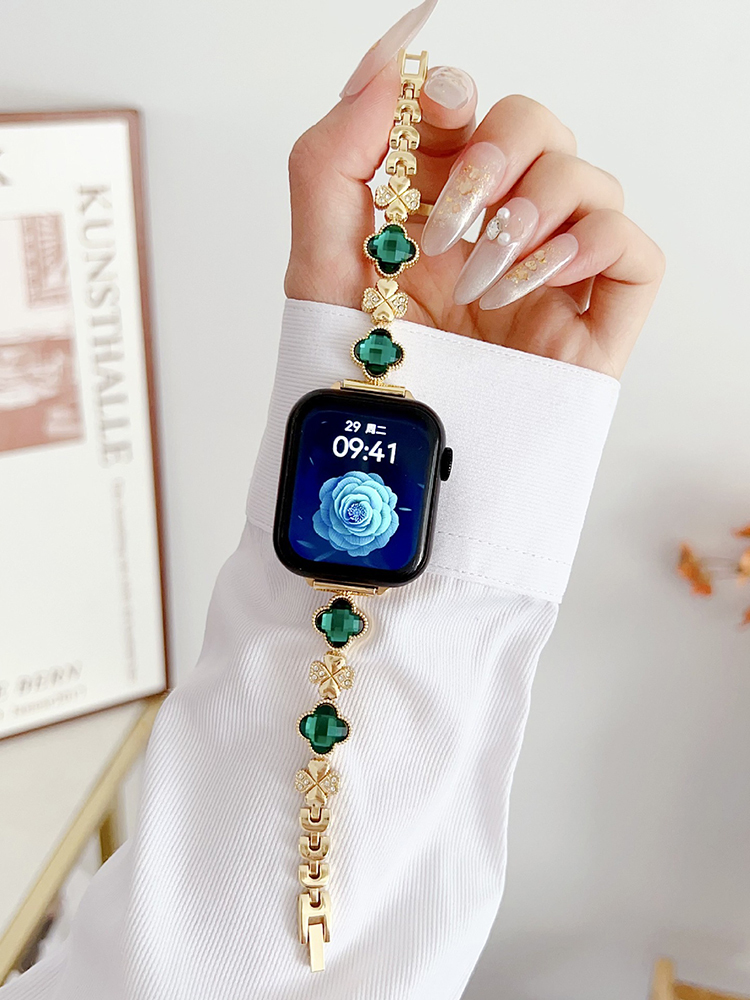 Rhinestone and Zircon Four-leaf Clover Stainless Steel Band