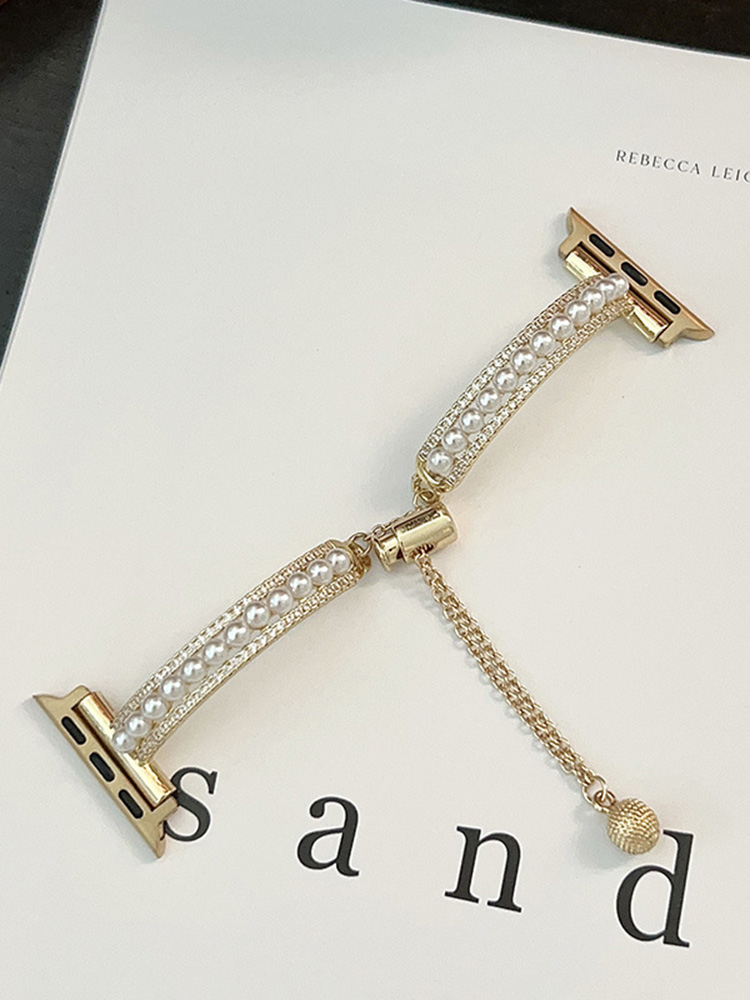 Double Row Diamonds with Pearls Stainless Steel Band