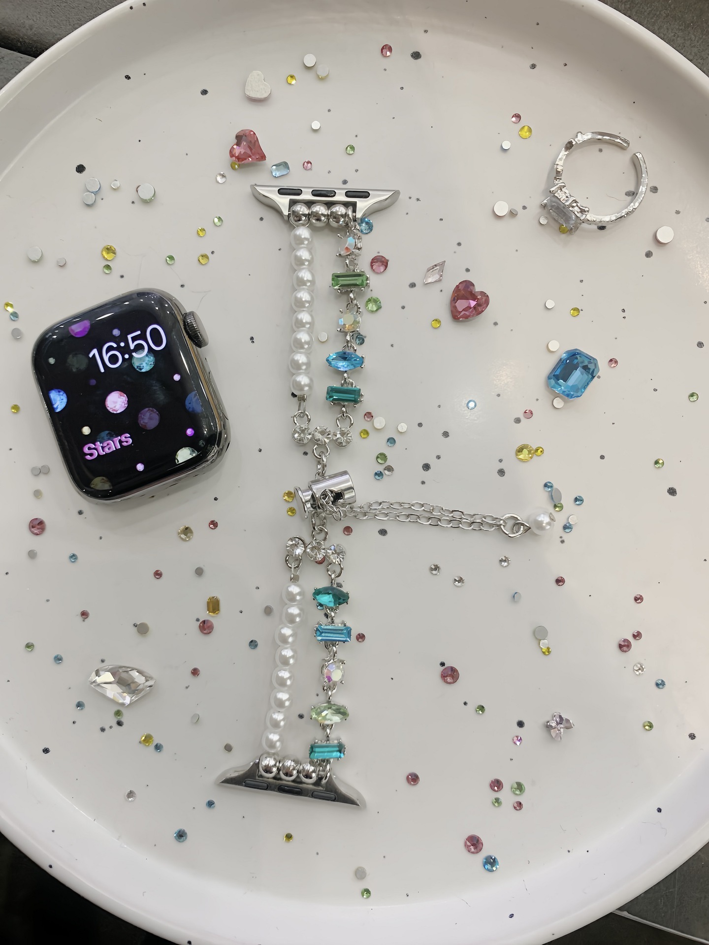 Double Chain Pearls with Mixed Zircon Stainless Steel Band