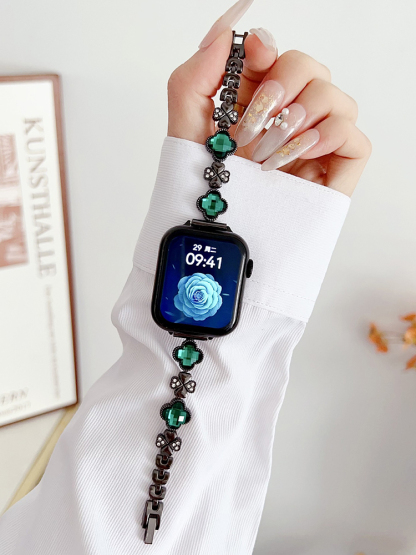 Rhinestone and Zircon Four-leaf Clover Stainless Steel Band