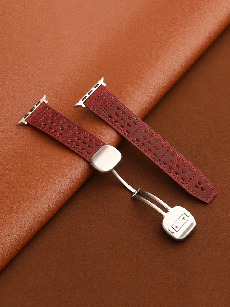 Breathable Mesh Magnetic Buckle Crazy Horse Leather Band for Apple Watch Band
