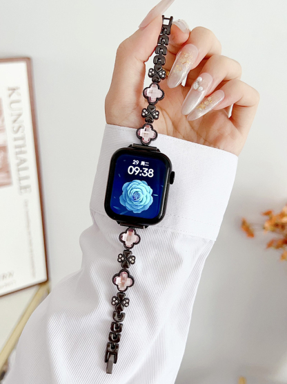 Rhinestone and Zircon Four-leaf Clover Stainless Steel Band