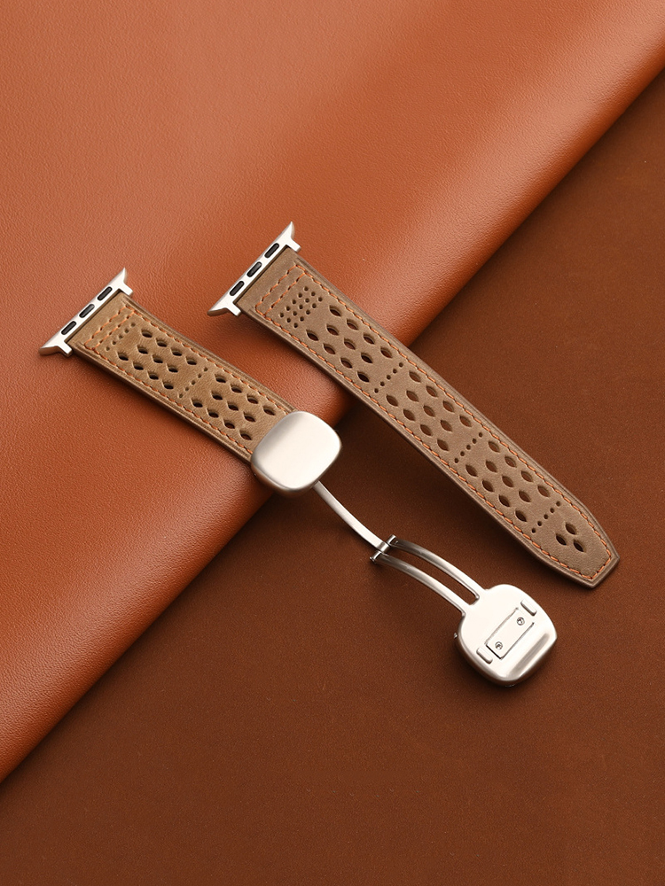 Breathable Mesh Magnetic Buckle Crazy Horse Leather Band for Apple Watch Band