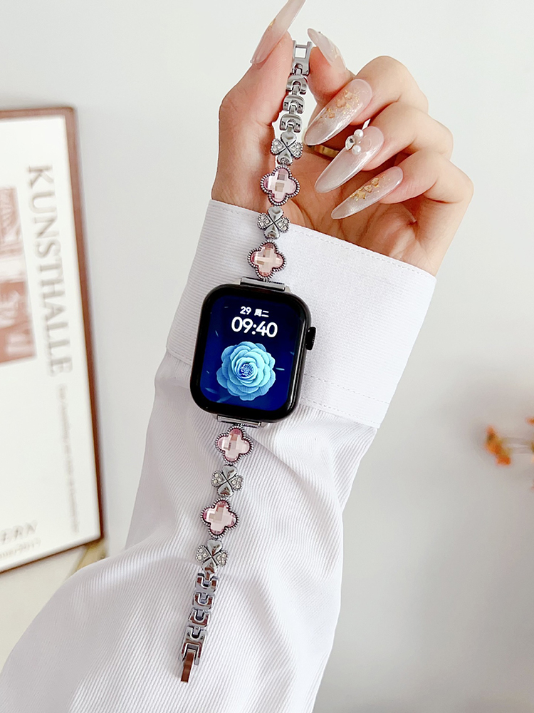 Rhinestone and Zircon Four-leaf Clover Stainless Steel Band