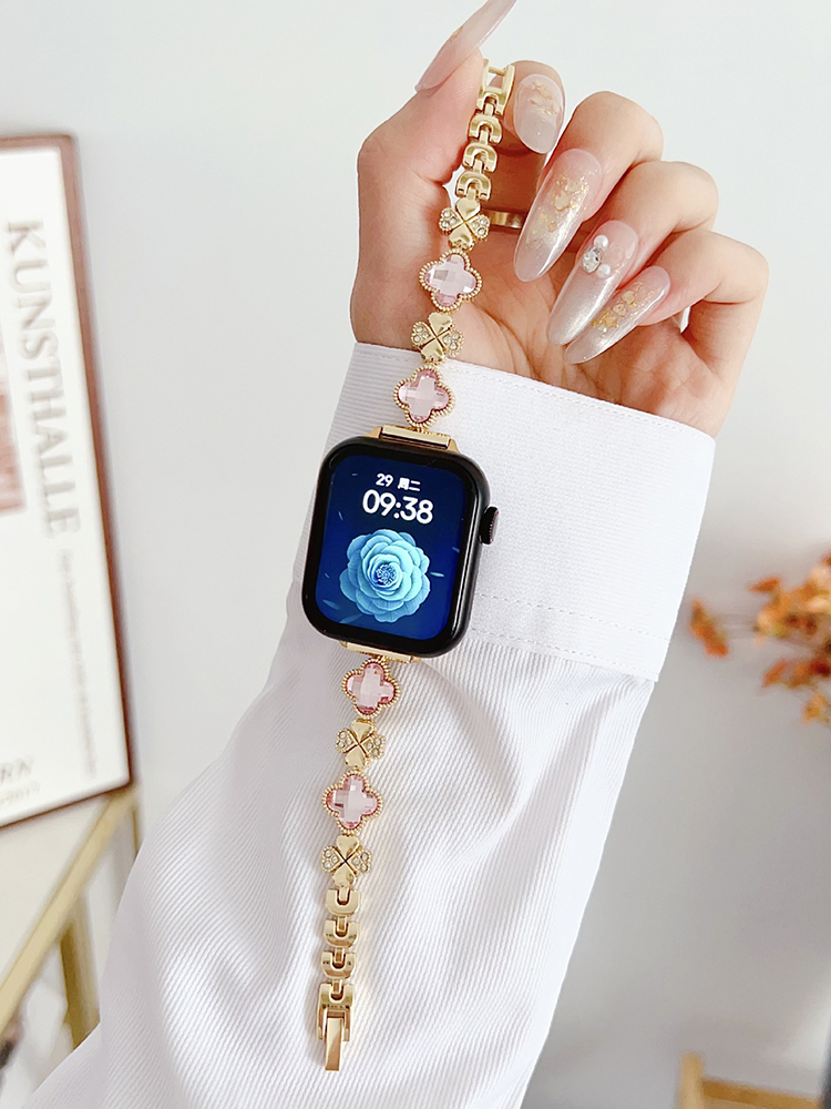 Rhinestone and Zircon Four-leaf Clover Stainless Steel Band