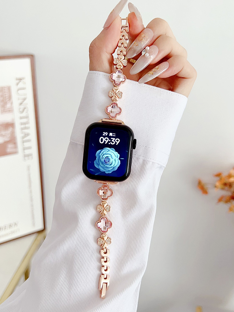 Rhinestone and Zircon Four-leaf Clover Stainless Steel Band