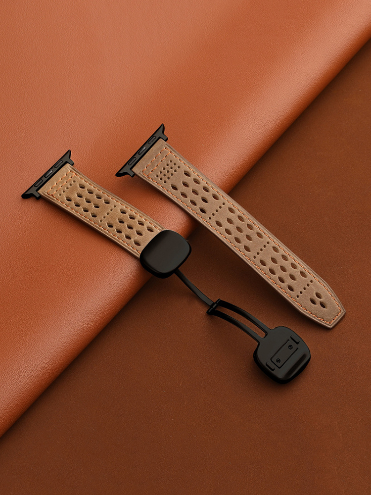 Breathable Mesh Magnetic Buckle Crazy Horse Leather Band for Apple Watch Band