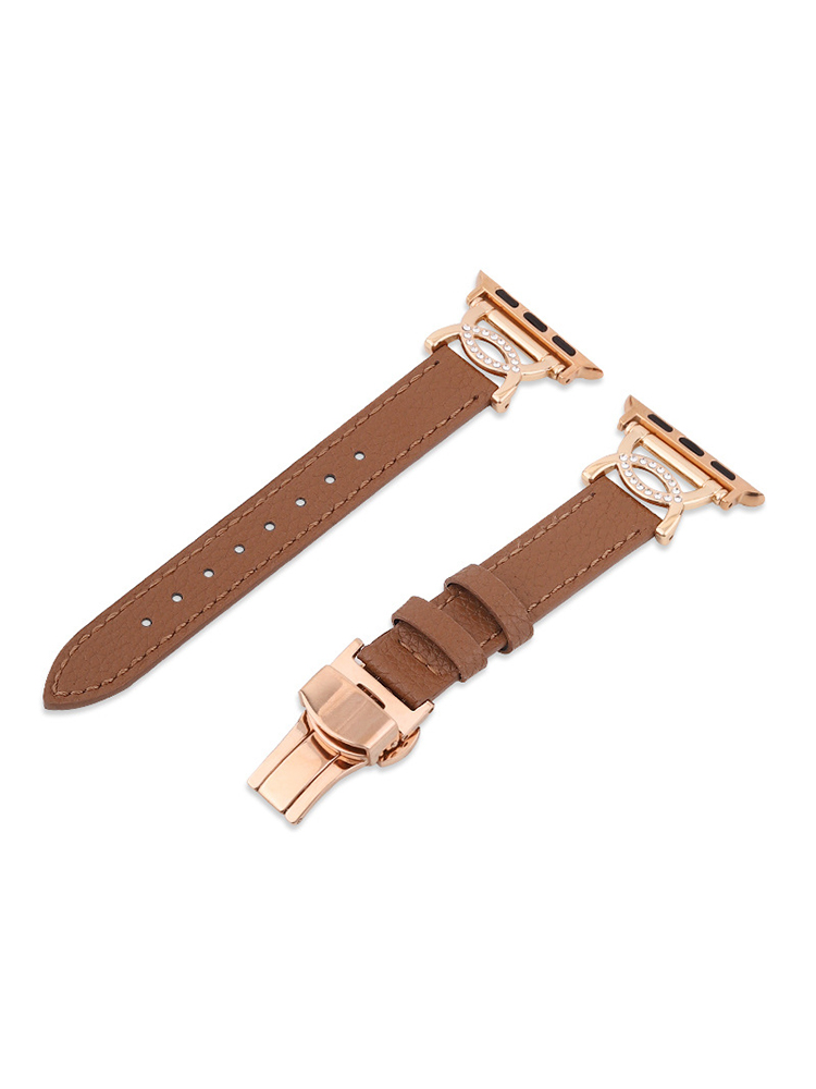 Diamond-set Double C Butterfly Buckle Leather Apple Watch Band - Tatanband