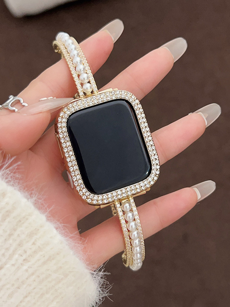 Double Row Diamonds with Pearls Stainless Steel Band