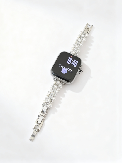Pearls Cross-set with Diamonds Metal Band for Apple Watch
